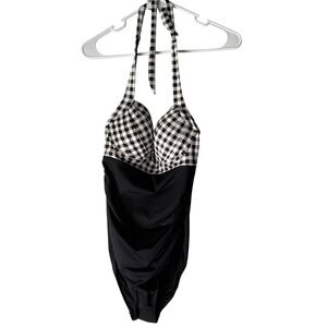 Cupshe NWT Black Gingham Halter‎ One Piece Swimsuit Size M Ruched Tummy Control